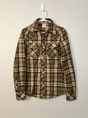 True Religion Women’s Western Pearl Snap Plaid Shirt Green Tan Size Small NWOT